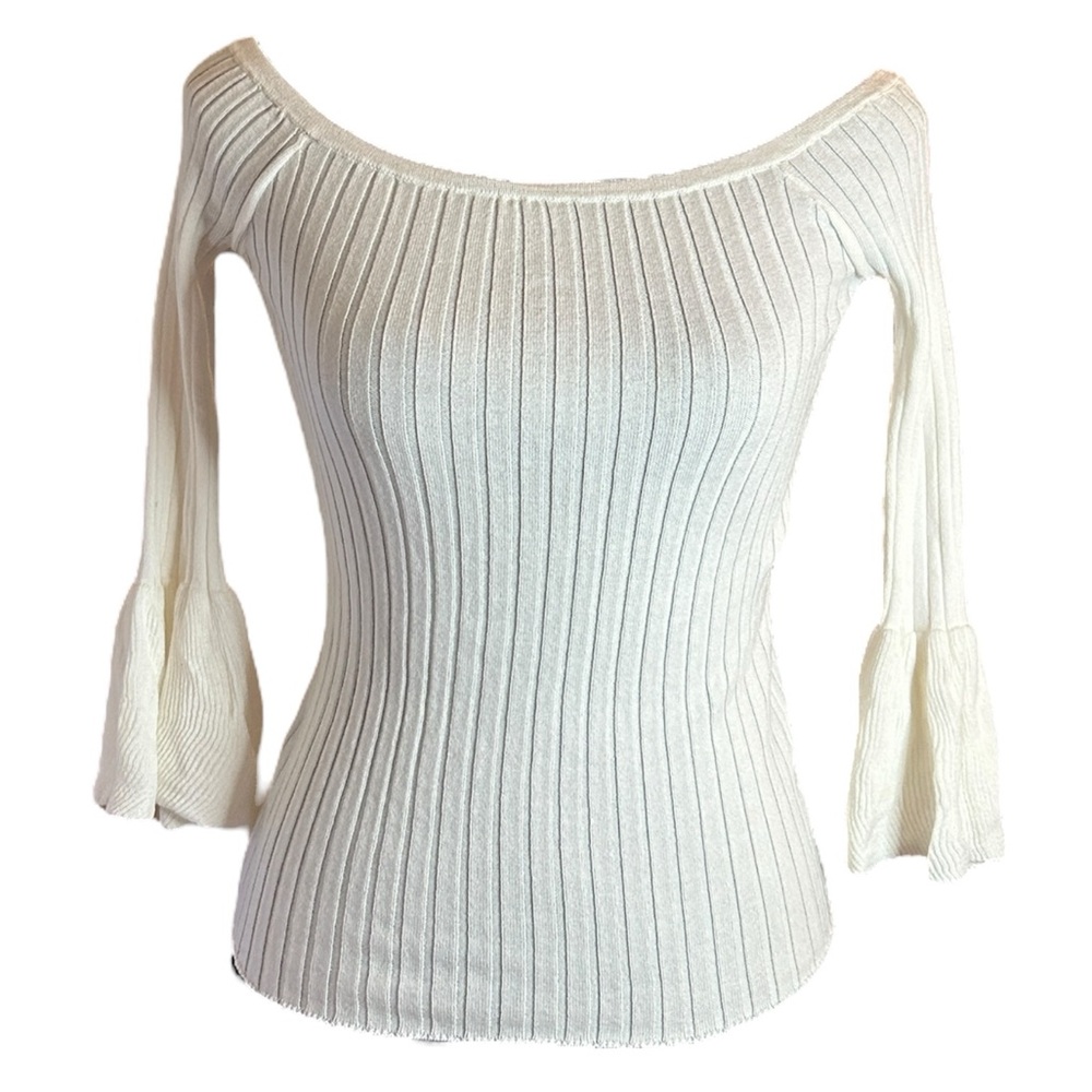 Fairy-core Coquette Romantic Bell Sleeve Off-Shoulder Ivory Ribbed Knit Top Sz S